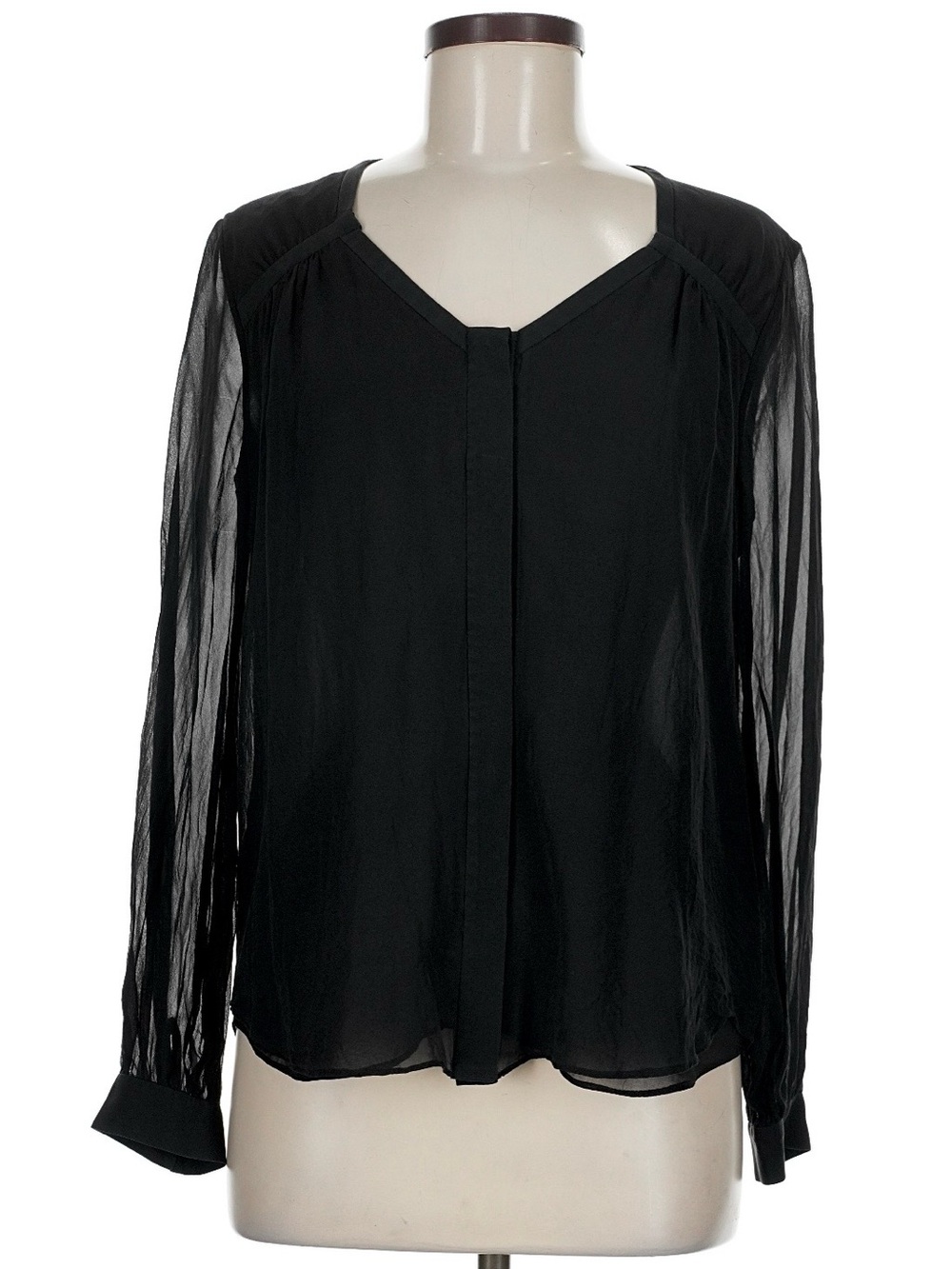 DIANE VON FURSTENBERG 100% SILK Black V-Neck Blouse Sheer Black Sleeves